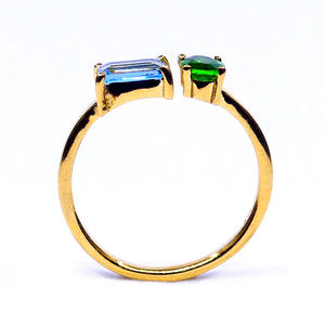 Fashionable 925 Sterling Silver Gold Plated Blue Topaz Chrome Diopside Gemstones Adjustable Two <b>Stone</b> <b>Ring</b> - Product Image 3