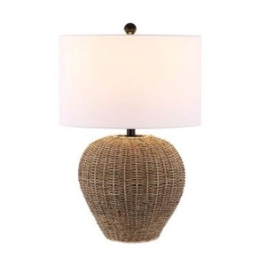 Coastal <b>Bamboo</b> <b>Table</b> Lamp with Off-White Drum Shade LED Decorative Lighting for Living Room E26 Base - Product Image 1