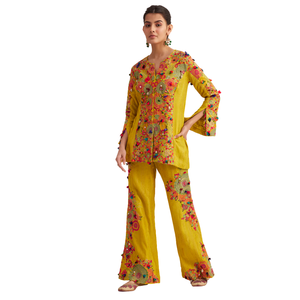 Conjunto de Kurta Palazzo de seda mostaza con bordado Resham y Zari, venta al por mayor, Ropa Étnica OEM para mujer, atuendo de proveedor de fábrica - Product Image 1