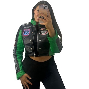 แจ็คเก็ตหนัง Letterman แบบเบสบอล สำหรับผู้ชายและผู้หญิง หนังแกะสั้นผสมสแปนเด็กซ์ ปักลายถักแบบยูนิฟอร์ม หนังจระเข้ - Product Image 1