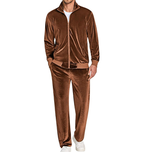 Ensemble de survêtement 2 pièces pour homme en velours, coupe athlétique, veste zippée et pantalon de jogging - Product Image 1