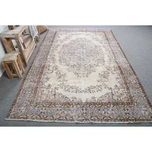 Vintage Turkish Large Rug 6x9.7 ft, <b>Brown</b> Gray Bordered <b>Wool</b> Rug - Product Image 1