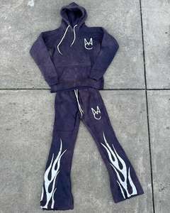 Ensemble de survêtements d'hiver pour hommes personnalisé OEM sweat à capuche en coton imprimé à ourlet brut avec pour pantalon à impression bouffante survêtement évasé deux pièces - Product Image 3