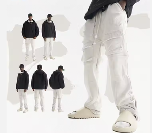 Pantalones de sarga de algodón con múltiples bolsillos de último diseño OEM, ropa de calle, pantalones cargo de pierna ancha acampanados con abertura lateral con cremallera para hombre - Product Image 5