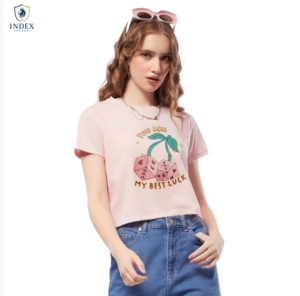 Index Apparel Women's Pink Crop <b>Top</b> Short Sleeve Crew Neck Printed Casual T-Shirt Spring Summer Wear - Product Image 1