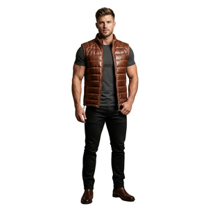 Gilet matelassé en cuir véritable imperméable et écologique pour homme, sans manches, en duvet, chaud pour l'hiver, avec fermeture éclair - Product Image 2