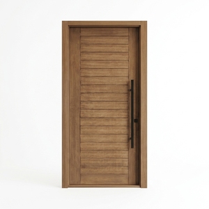 Puerta de entrada interior de madera de ingeniería con marco sólido de Merbau, listones horizontales, puerta principal exterior/interior con manija larga negra. - Product Image 1