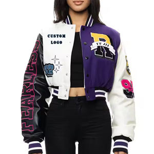 Women Wool Jackets Custom Chenille Patches Embroidery Genuine Leather Sleeves Letterman Varsity Crop Jacket - Product Image 1