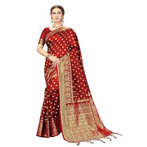 Sari décontracté en soie Banarasi pour femmes Trendmalls avec pièce de chemisier non cousue (S11-Rouge) pour les occasions de mariage, coupe régulière - Product Image 1