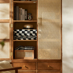Retro <b>Solid</b> <b>Wood</b> Rattan <b>Bookcase</b> with Iron and Bamboo Versatile Home Office Living Room Bedroom School Hotel Furniture - Product Image 3
