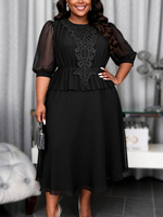 ADR060218 Robe pour femmes grande taille, transparente, à manches mi-longues, avec appliques en dentelle, plissée, patchwork, coupe trapèze