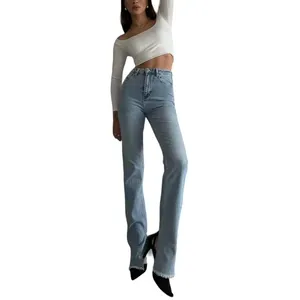 Vedere pantaloni donna jeans donna con spacco a vita alta blu