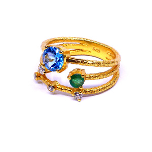 Argent Sterling Brillant 925 Topaze Bleue Émeraude Pierres Précieuses Style Vintage Mode Doigt Anneau Réglable - Product Image 3