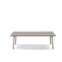 Table basse d'extérieur 110x55 cm avec structure en acier peint et plateau en HPL à lattes, table de jardin basse pour hôtel et zone piscine