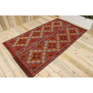 Alfombra Turca de 5x8.7 pies, Alfombra Vintage Grande, Alfombra de Lana con Rayas Rojas - Product Image 1