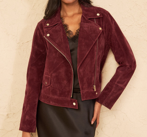Burgundy <b>Suede</b> Leather <b>Jacket</b> Stand Collar Short Sleeve Casual Slim Fit Autumn Wear - Product Image 1