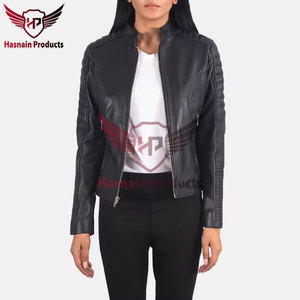 Chaqueta de cuero genuino negro para mujer, estilo motero, con mangas acanaladas, cuello alto, piel de oveja, bolsillos con cremallera, corte ajustado, prendas de abrigo personalizadas, nuevo estilo. - Product Image 3