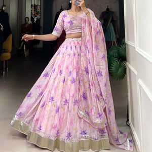 Femmes élégant Bollywood Designer vêtements ethniques en gros imprimé fleuri lourd Georgette Lehenga Choli ensemble assorti Pastel fête - Product Image 1