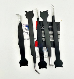 Pinzas negras mate con forma de gato y logotipo personalizado, herramientas de extensión de pestañas de acero inoxidable con puntas plateadas para pestañas postizas - Product Image 2