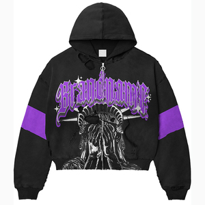 Sudadera con Capucha Personalizada para Hombre, Estilo Urbano, Holgada, Lavada al Ácido, Vintage, Desgastada, con Cierre y Pedrería - Product Image 2