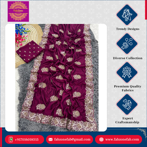 Hermosa Zari Thread Stone Work Blooming Vichitra Saree Diseñador de calidad premium Ropa de fiesta de boda Precio bajo Ocasiones especiales - Product Image 6