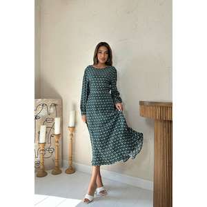 Vestido Verde Estampado con Cintura Natural, Transpirable y con Detalle Drapeado, Venta al Por Mayor - Product Image 6