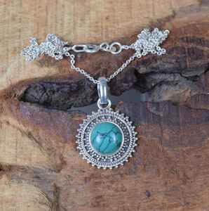 Blue Turquoise Sterling Silver Pendant Necklace Handmade Flower Design Gemstone Jewelry Elegant <b>Gifts</b> Women - Product Image 1