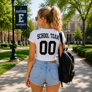 Maillot de baseball pour femme, coupe courte, manches courtes, rayé, pour le jour du match, imprimé, haut d'été, col rond, coupe régulière - Product Image 3