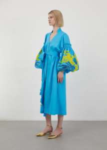 Wholesale Women Sky Blue Kaftan <b>Yellow</b> Embroidered <b>Balloon</b> Long Sleeves Tassel Belt Elegant Boho Floor-Length Eco-Friendly Robe - Product Image 3