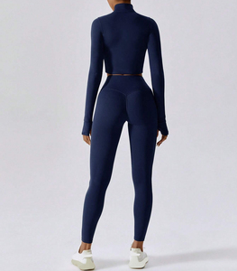 Vente en gros de veste à fermeture éclair sans couture pour femmes, ensemble haut et pantalon, vêtements de sport confortables pour le yoga et la course à pied à haute élasticité - Product Image 2