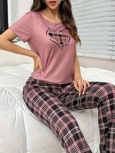 Ensemble de pyjama décontracté imprimé à manches courtes et à carreaux pour femmes, tenue de détente en tissu, tenue toutes saisons, 1 lot - Product Image 4