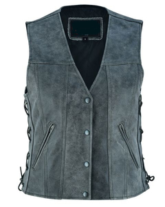 Chaleco de Cuero Vacuno Teñido a la Piedra, Color Gris Cera, Suave, Premium, Cuello en V, Broches Negros Antiguos, Cordones Laterales Ajustables, Bolsillos Ocultos para Portación, Otoño - Product Image 1