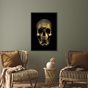 Toile en verre trempé Golden Skull : Art imprimé moderne sur le thème d'Halloween, TOILE ENTOURÉE D'UN CADRE NOIR - Product Image 1