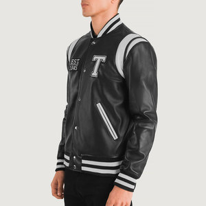 <b>Men's</b> PU Leather Varsity <b>Jacket</b> Preppy Style Turn-down Collar Single Breasted <b>Letter</b> T Patch Design Black White Stripes - Product Image 3