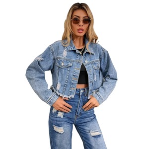 Chaqueta vaquera desgastada de algodón 100% personalizable con estilo para mujer, pantalones vaqueros transpirables con capucha y decoración de remaches, nuevo diseño Penal - Product Image 5