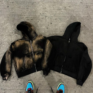 Nouvelle mode Streetwear sweat à capuche vintage coton soleil délavé à l'acide sweats à capuche français éponge blanc recadrée fermeture éclair Boxy sweat à capuche pour hommes - Product Image 6