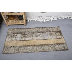 Tapis Turc Vintage Moderne Large 2.3x4.4ft Beige Rayé Laine Latex Support Abstrait Motif pour Adolescents Rectangle Couloir Design - Product Image 3