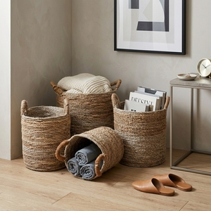 Ensemble de paniers de rangement en écorce de bananier naturelle, cylindres horizontaux tressés avec poignée en arche, pot de fleurs, décoration artistique pure pour la maison - Product Image 6