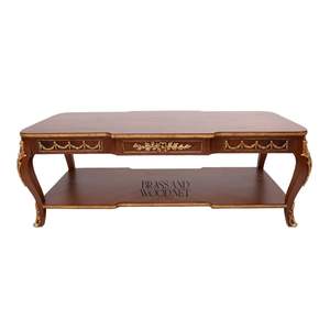 Mesa de Centro Rectangular de Lujo con Adornos de Latón Antiguo, Estante de Almacenamiento Inferior y Acabado de Madera Elegante para Decoración del Hogar - Product Image 1