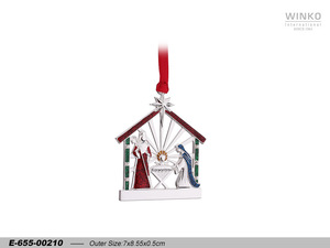 Winko XMAS ORN Christmas Ornament Hanging Decoration Ornament, Nativity Christmas Tree W/ Epoxy, W/ 5" <b>Red</b> <b>Ribbon</b>, Silver P... - Product Image 1