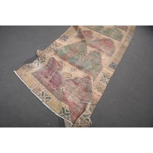 4.5x12.4 ft Vintage Turkish <b>Runner</b> Rug Red <b>Green</b> Ombr Wool Patchwork Rug with Eco-Friendly Latex Backing Medium Pile - Product Image 4