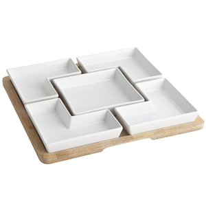 Plats de service en métal de qualité supérieure avec plateau et plateau en bambou, 5 bols amovibles pour les collations, les noix, les chips et les trempettes, meilleur prix - Product Image 3