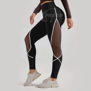 Leggings de sport pour femmes à taille haute avec cordon de serrage et taille élastique, couleur contrastée, maille, gym, yoga, pantalon de levage des hanches, uni - Product Image 4