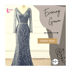 Diseñador Rajgadhia Exports con cuentas con cuello en V hasta el suelo vestido de noche cintura natural con bordado disponible a precio a granel - Product Image 1