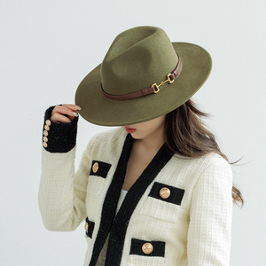 Chapeau Fedora unisexe européen et américain, nouvelle mode décontractée, en laine, à large bord, chaud, avec boucle métallique, style cowboy, pour l'automne et l'hiver - Product Image 2