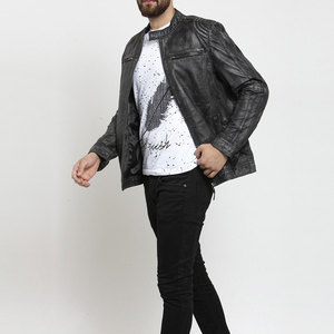 Veste en cuir décontractée à l'intérieur avec poches de remorquage Veste en cuir au design unique à col montant Veste en cuir tendance à manches longues pour hommes - Product Image 5