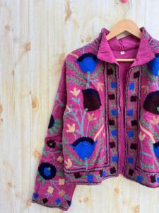 Handmade Dark Blue Vintage Short Jacket Breathable Cotton Sari Kantha Coat Embroidered Patchwork Knitted Printed Double Breasted - Product Image 2