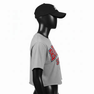 Crop top femme en jersey de coton et polyester premium, gris, coupe athlétique, logo brodé appliqué. - Product Image 6