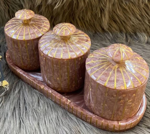 Juego de 2 Frascos de Resina Ecológica de Lujo Pintados a Mano con Tapas y Bandeja para Decoración Moderna del Hogar - Adorno Elegante con Diseño Texturizado - Product Image 1