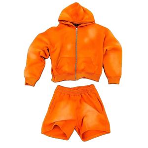Unisex Custom Streetwear <b>Men</b> Acid Wash <b>Zip</b> Up Hoodie <b>Short</b> Set 100% Cotton Fleece Two Piece <b>Men</b> Oversized Hoodies And <b>Shorts</b> Set - Product Image 2